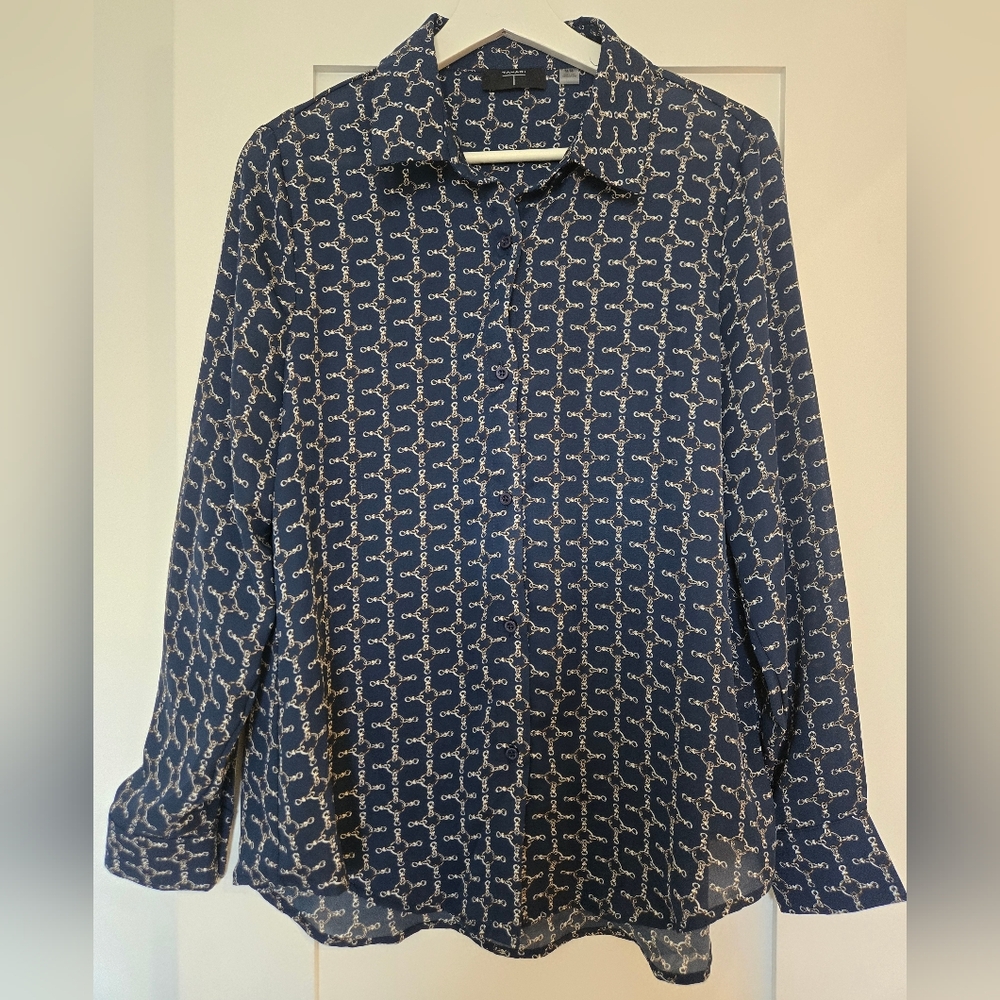 Tahari Blue and White Button Down Shirt with Geometric Pattern